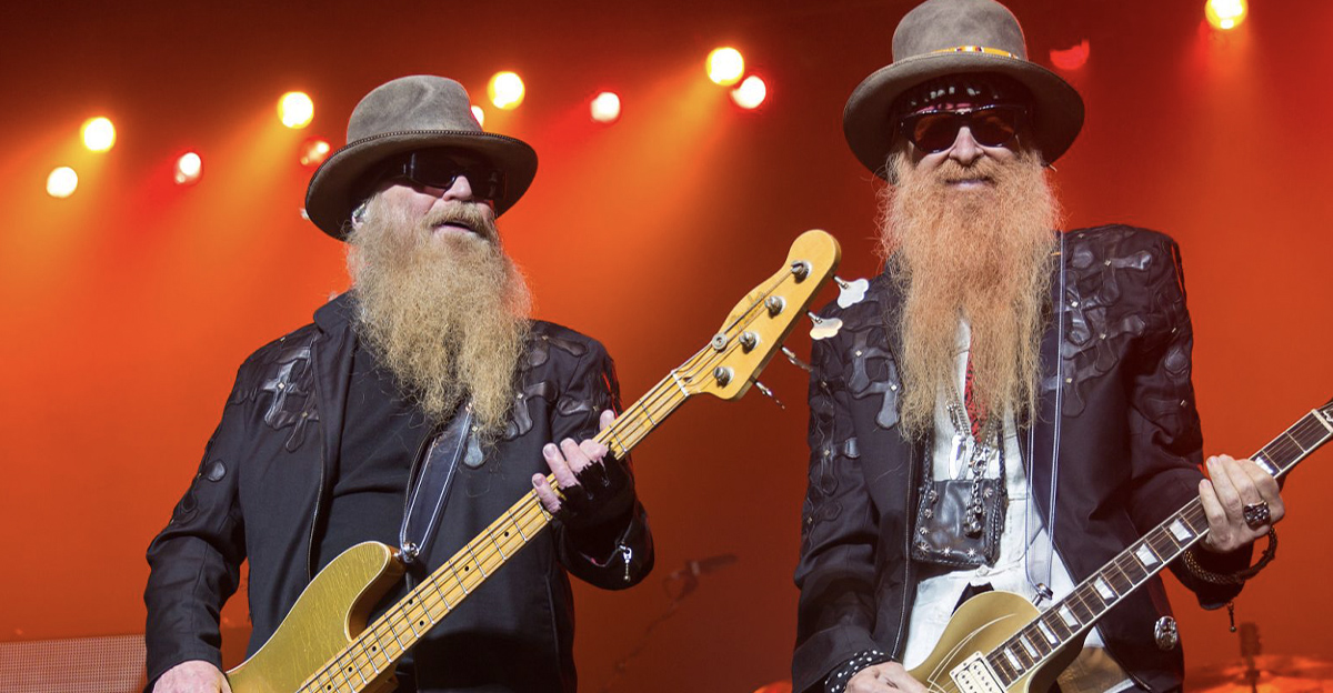A photo showing ZZ Top performing at the Majestic Theatre in San Antonio, Texas in 2015.