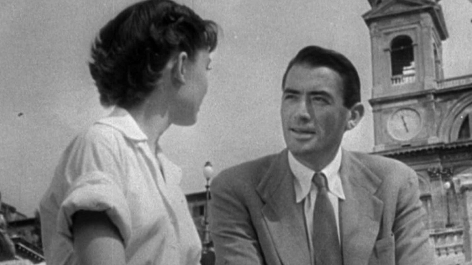 Cropped screenshot of Audrey Hepburn and Gregory Peck from the trailer for the film Roman Holiday.