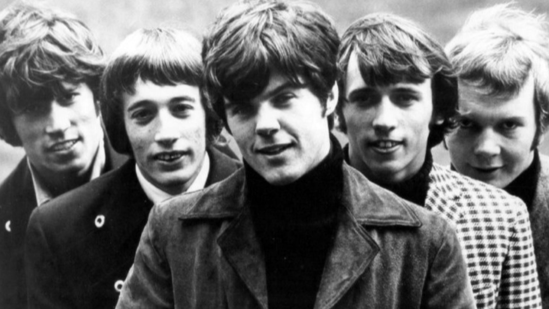 Publicity photo of the Bee Gees. (From left to right: Barry Gibb, Robin Gibb, Vince Melouney, Maurice Gibb, Colin Petersen.)