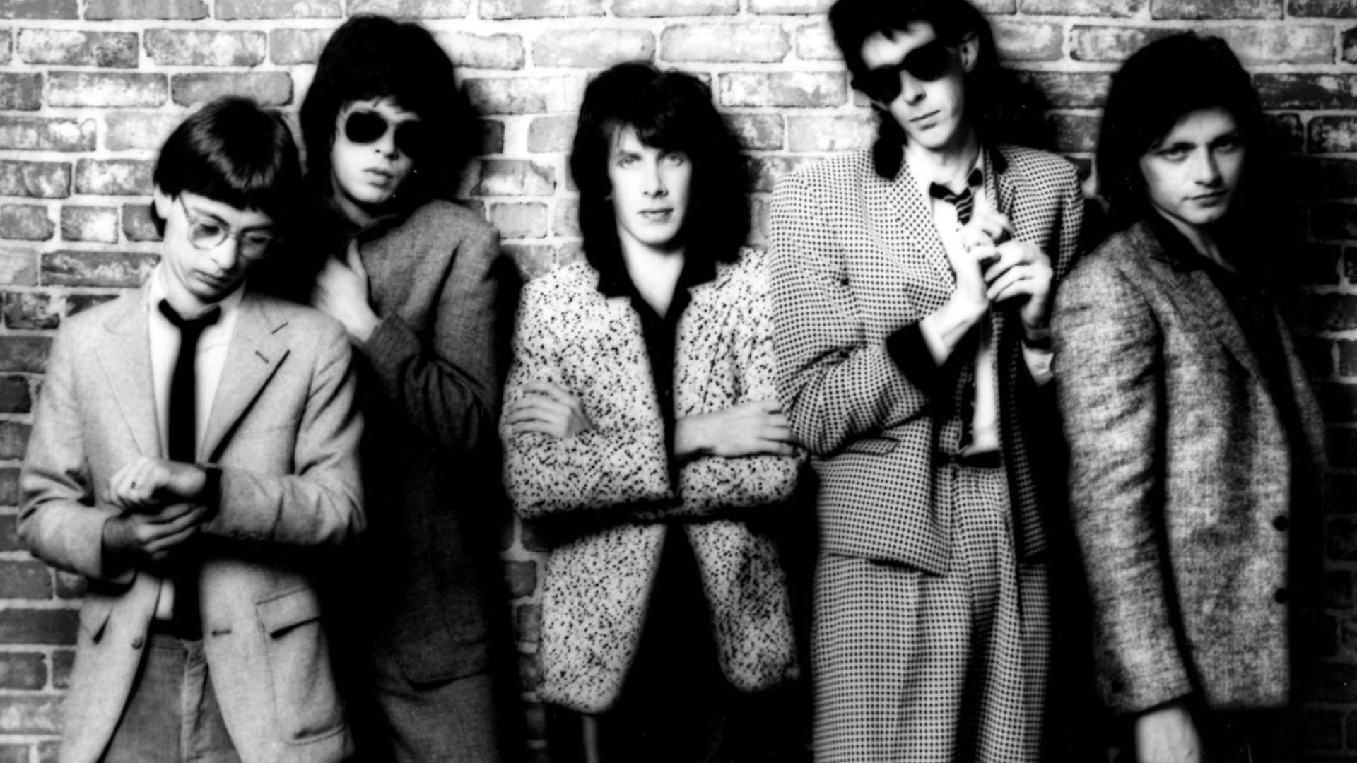 Musical group The Cars, in a 1980 publicity photo for their album Panorama. Pictured from left to right; Greg Hawkes, Elliot Easton, David Robinson, Ric Ocasek, and Benjamin Orr.