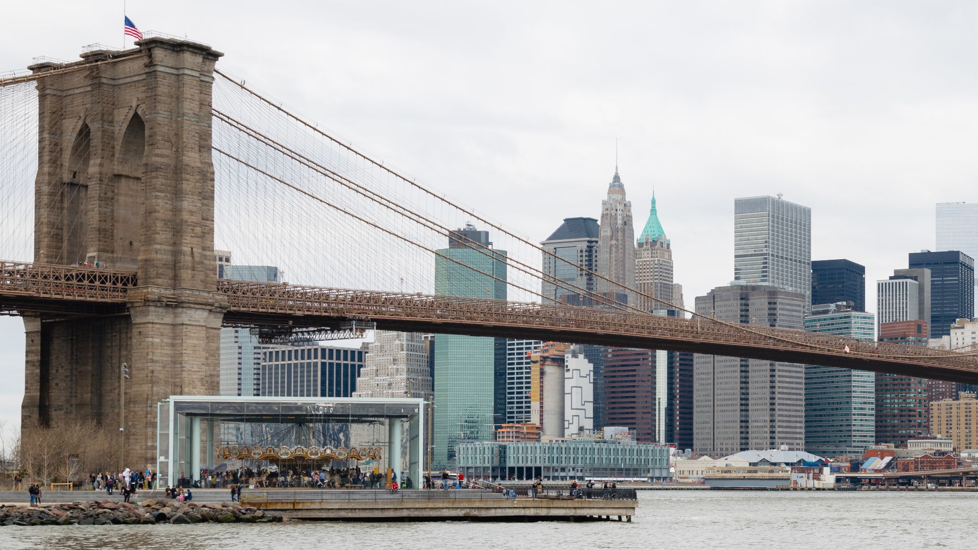 The Brooklyn Bridge with Lower Manhattan in the backround.