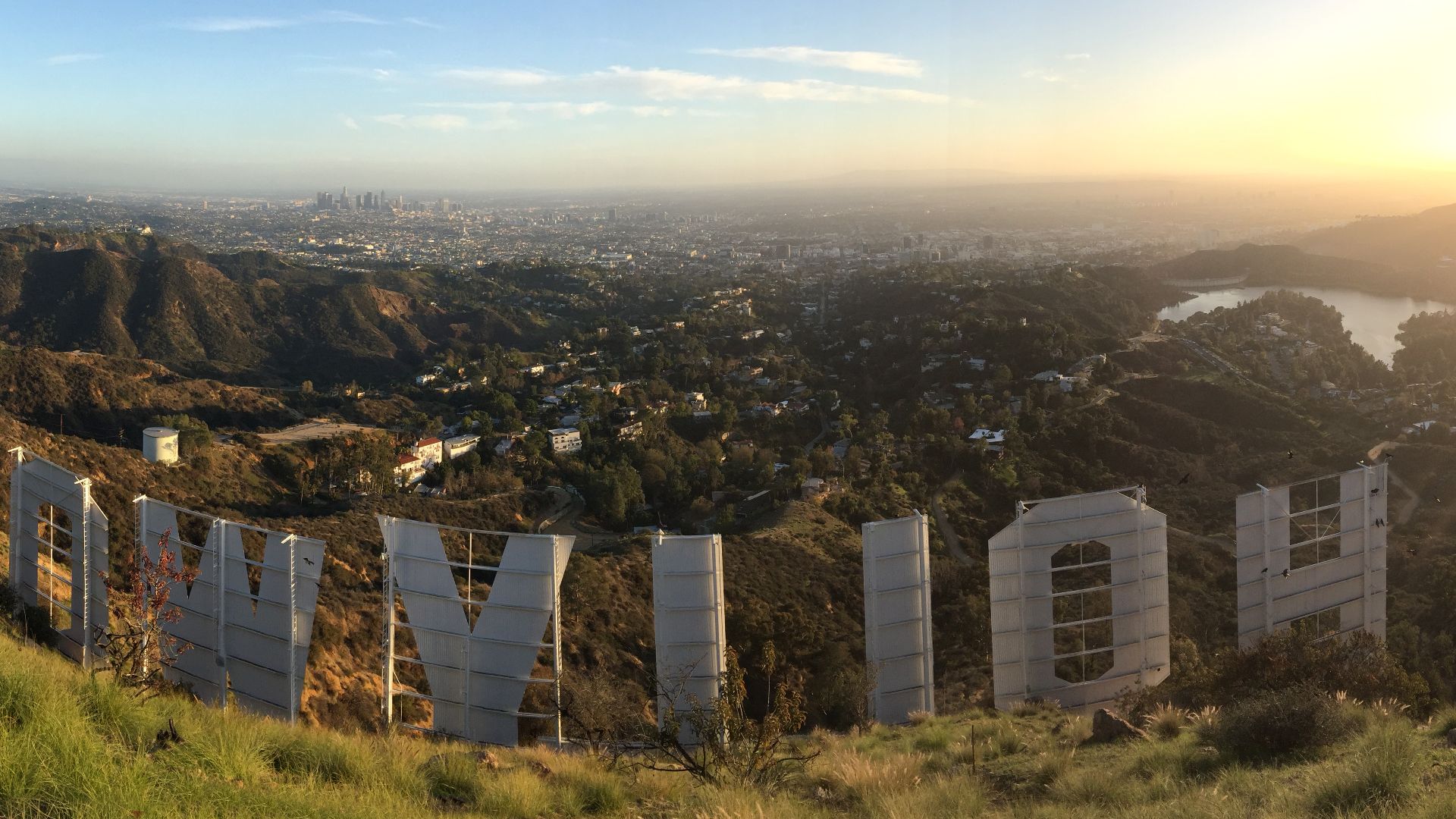 Taken from atop Mt. Lee showing the back of the Hollywood Sign. From left to right, the view includes the Griffith Observatory, downtown Los Angeles, Hollywoodland subdivision (near/below), the sprawl of Los Angeles, Lake Hollywood. Taken on January 6, 2019.