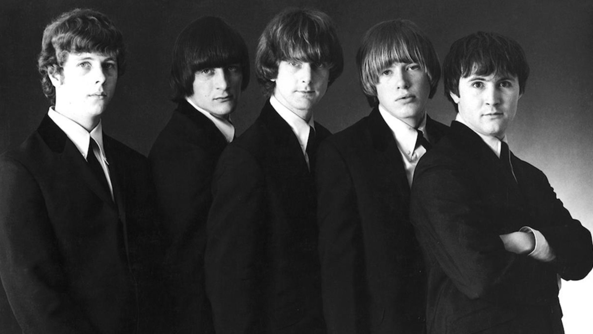 American rock band the Byrds in early 1965. Personnel from left to right: Chris Hillman (bass), Gene Clark (vocals, tambourine, guitar), Roger McGuinn (12-string guitar, vocals), Michael Clarke (drums) and David Crosby (rhythm guitar, vocals)