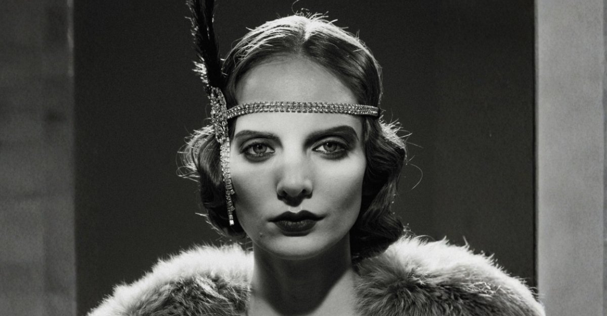 grayscale-photo-of-a-woman-wearing-a-head-accessory-and-a-fur-coat