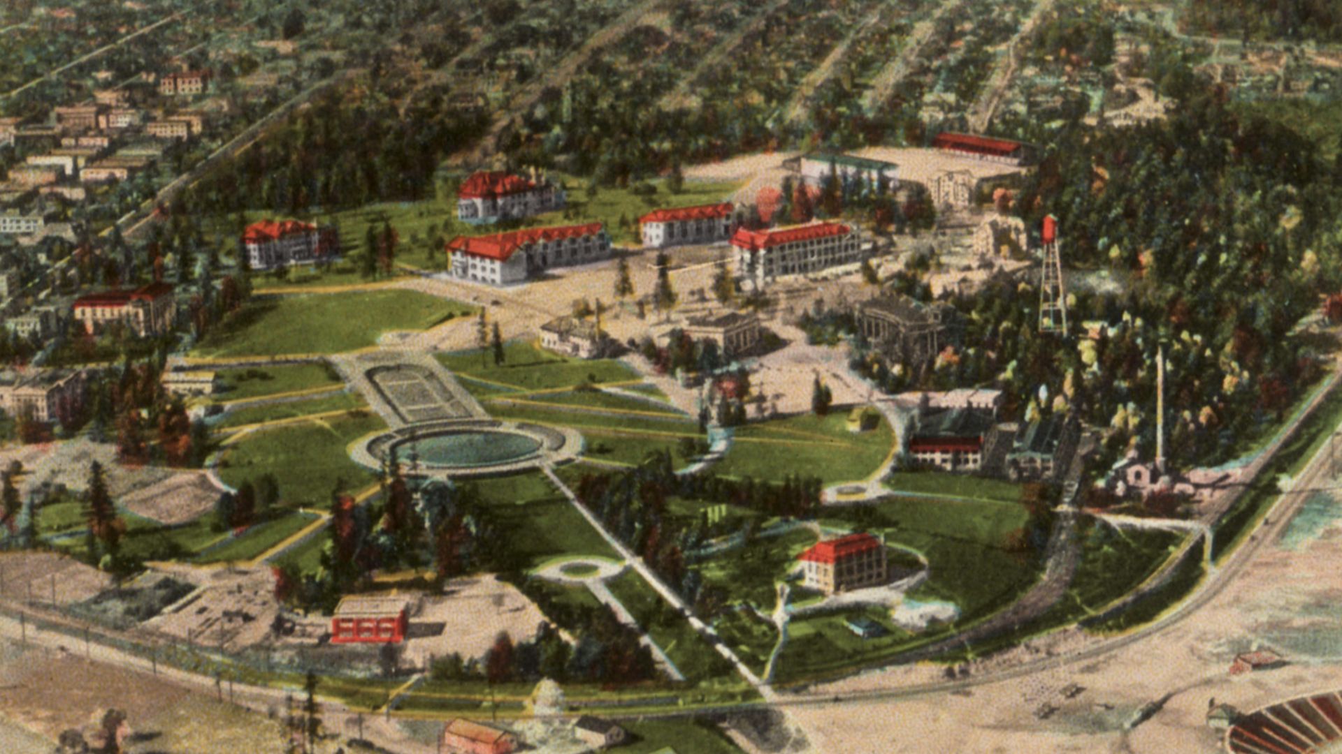 Aerial depiction of the University of Washington campus in Seattle