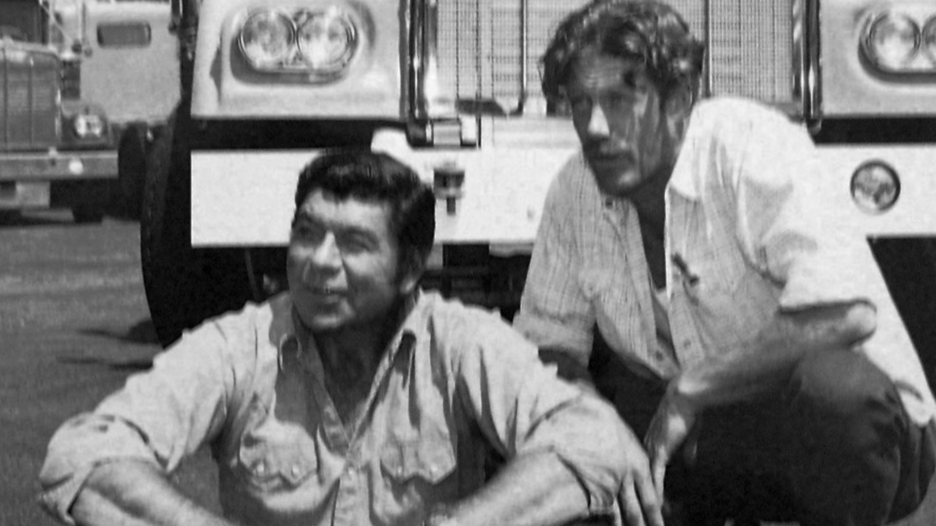 Photo of Claude Akins (seated) and Frank Converse from the premiere of the television series Movin' On.
