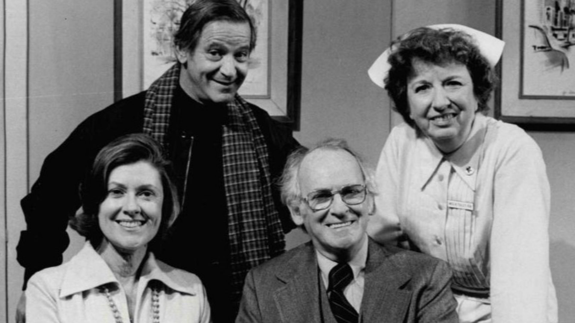 Main cast photo from the television program Doc.  Front: Elizabeth Wilson (Annie Bogert), Barnard Hughes (Joe