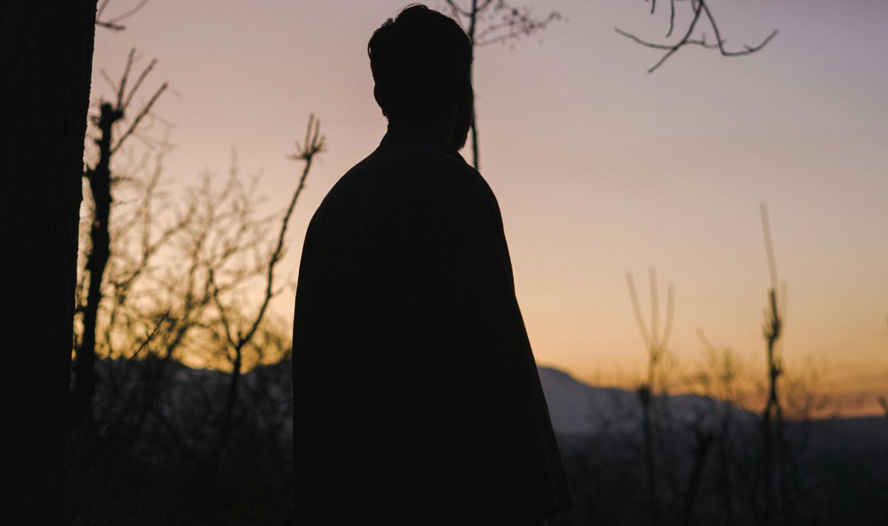 Silhouette of a Man Standing near a Tree at Sunset