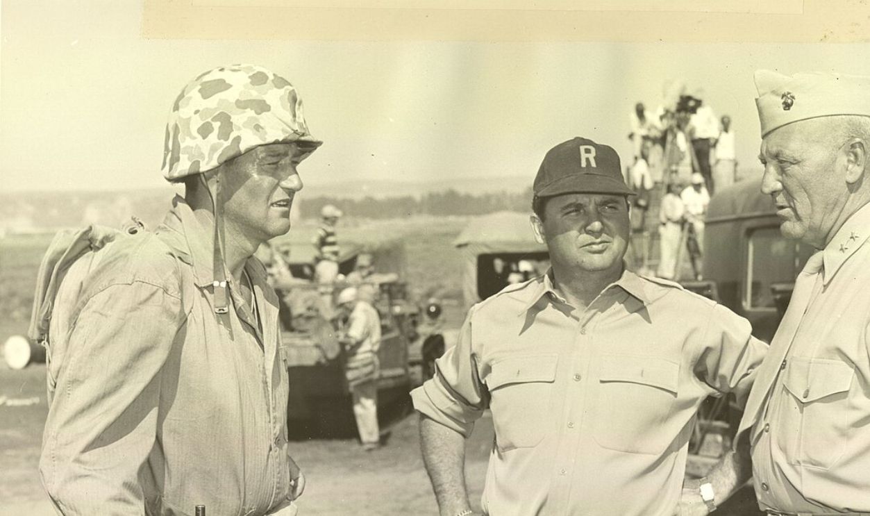 Major General Graves B. Erskine and John Wayne on Set of Sands of Iwo Jima, 1949