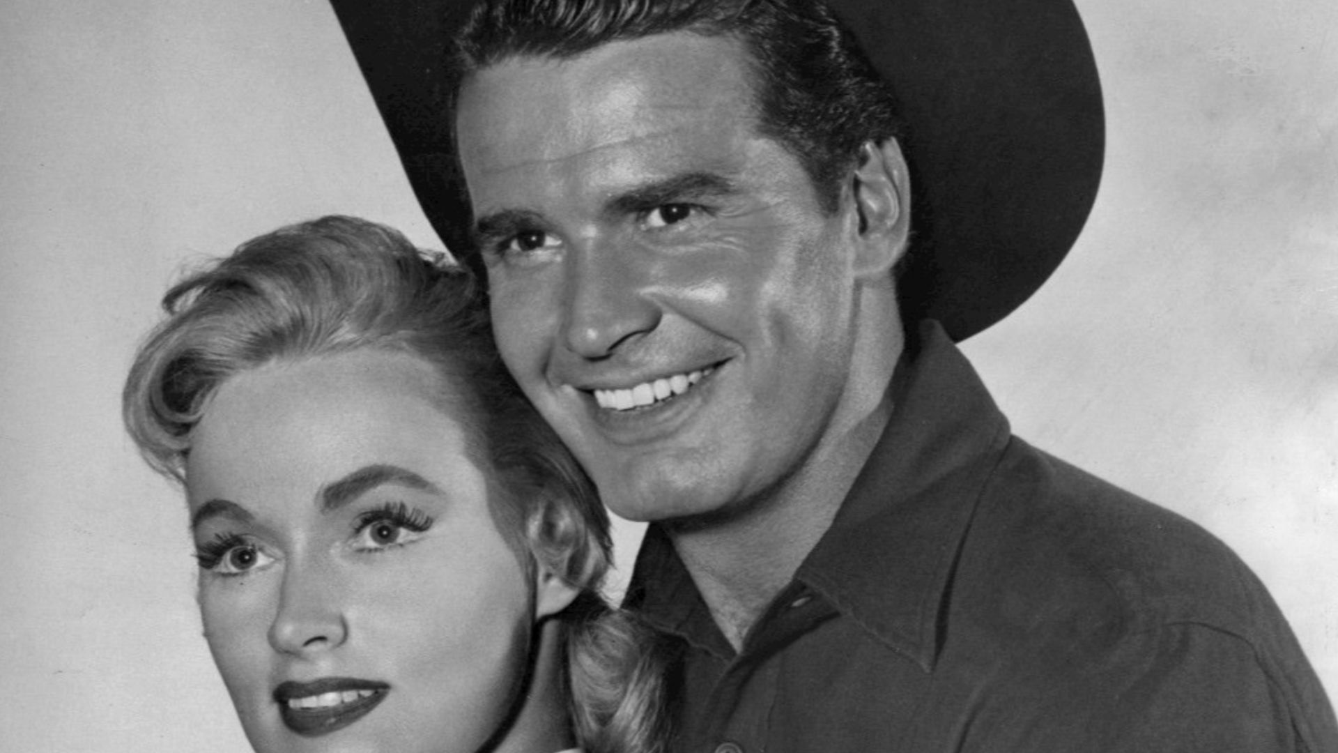 Photo of James Garner as Bret Maverick and Karen Steele from the first episode of Maverick, titled Point Blank.