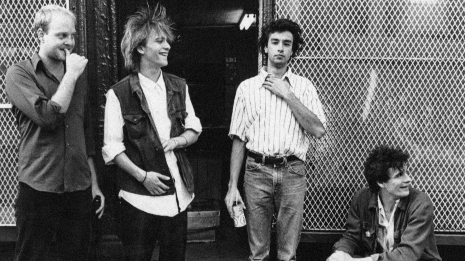 American rock band The Replacements in a 1984 publicity photo taken by Laura Levine. Left to right: Bob Stinson (lead guitar), Tommy Stinson (bass guitar), Chris Mars (drums), and Paul Westerberg (vocals & guitar).