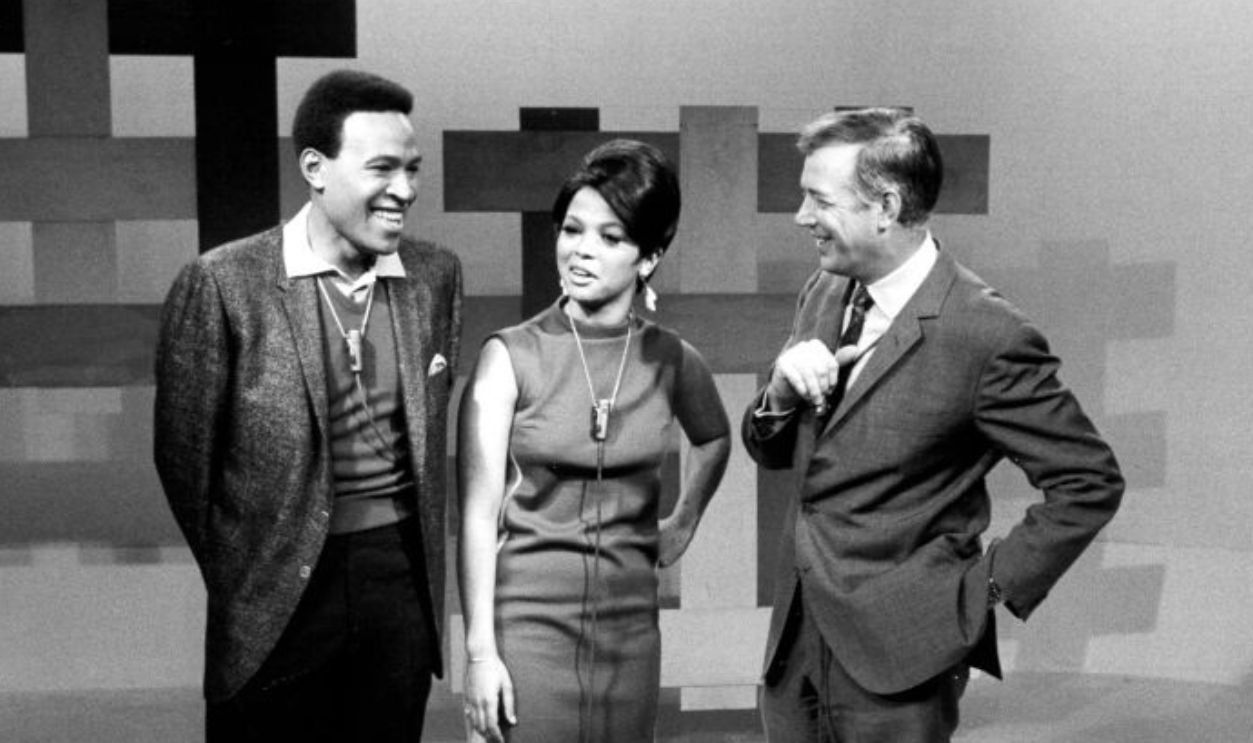 1967: Soul singers Marvin Gaye and Tammi Terrell chat with TV host Hugh Downs on the set of a TV show where they were to perform their hit duet 