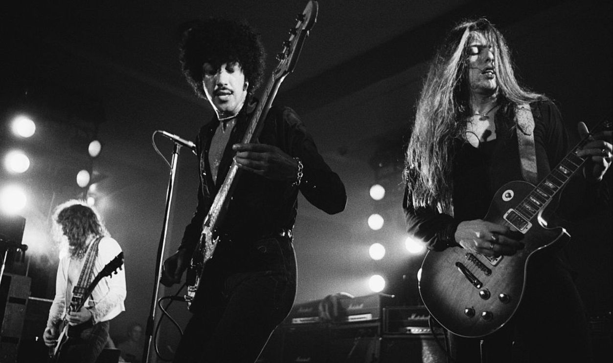 Brian Robertson, Phil Lynott and Scott Gorham of Thin Lizzy perform on stage at Colston Hall, Bristol, United Kingdom, October 22 1976.