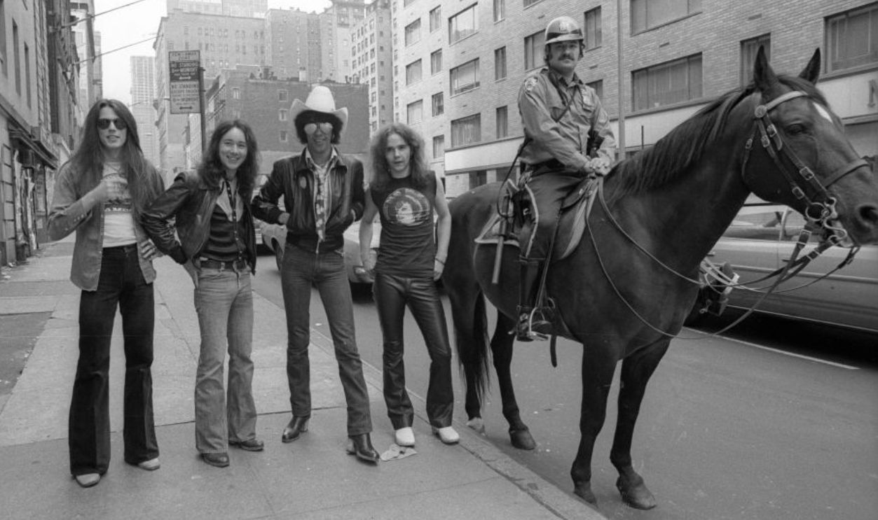 NEW YORK: Thin Lizzy posed in New York City street in 1977 L-R Scott Gorham, Brian Downey, Phil Lynott, Brian Robertson