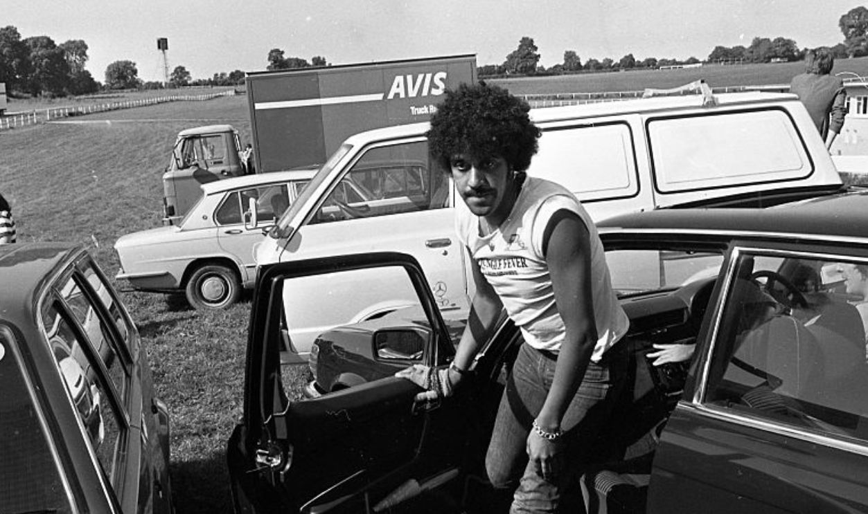 Phil Lynott at the Hot Press Music Festival in Punchestown Racecourse, Kildare 18/07/1982 (Part of the Independent Newspapers Ireland/NLI Collection).