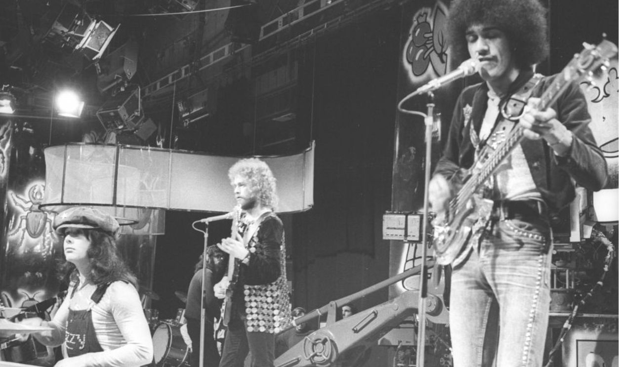 (MANDATORY CREDIT Watal Asanuma/Shinko Music/Getty Images) Thin Lizzy perform 'Whiskey In The Jar' on BBC TV show 'Top Of The Pops', London, 31st January 1973. The show aired on 1st February. (L-R) Brian Downey (drums), Eric Bell (guitar), Phil Lynott (vocals and bass)