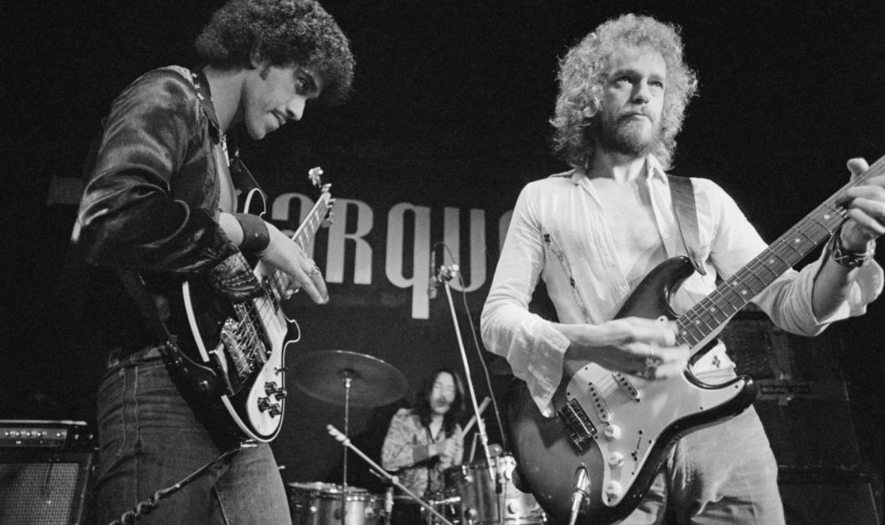 Irish rock group Thin Lizzy performing at the Marquee Club, London, 13th November 1973. Left to right: Phil Lynott (1949 - 1986), Brian Downey and Eric Bell. 