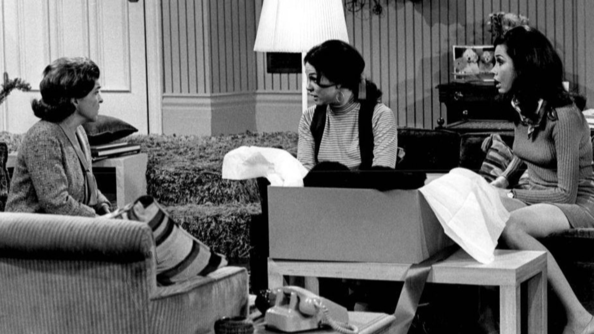 Photo of Nancy Walker as Ida Morgenstern, Valerie Harper as Rhoda Morgenstern and Mary Tyler Moore as Mary Richards.  When Ida arrives from New York unannounced, Rhoda refuses to see her mother.  Ida then becomes the houseguest of Mary. This episode is the first appearance of the Ida Morgenstern character.