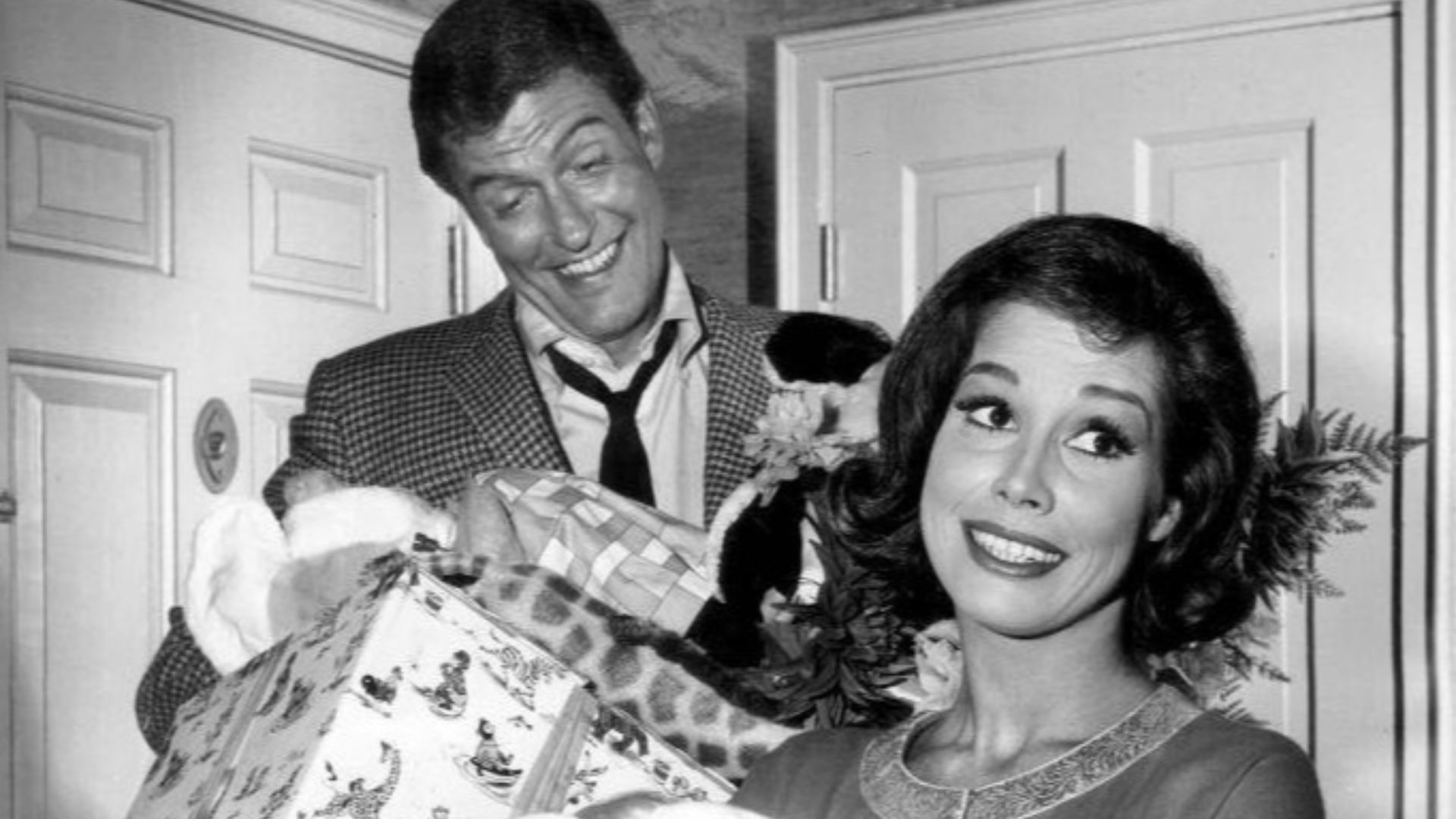 Photo of Dick VanDyke as Rob Petrie and Mary Tyler Moore as Laura Petrie from the television program The Dick VanDyke Show.  In this
