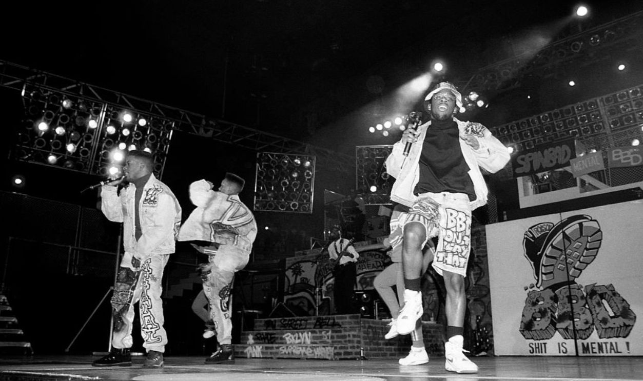 ROSEMONT, IL - JANUARY 1991: Singers Ricky Bell and Ronnie DeVoe and rapper Michael Bivins of Bell Biv DeVoe performs at the Rosemont Horizon in Rosemont, Illinois in January 1991.  