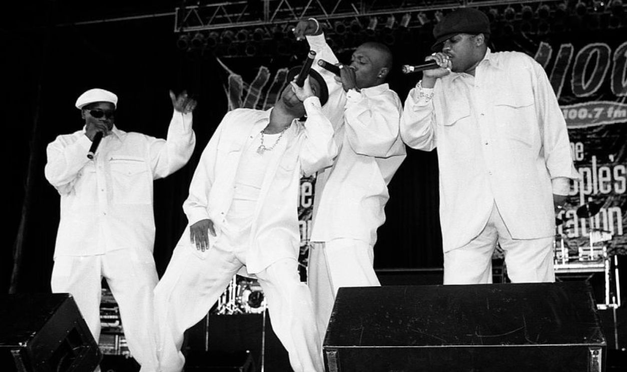 MILWAUKEE - JUNE 1995: Singers Levi Little, Teddy Riley, Chauncey 'Black' Hannibal and Dave Hollister of Blackstreet performs during 'Jam 4 Peace' at the Marcus Amphitheatre in Milwaukee, Wisconsin in June 1995.  