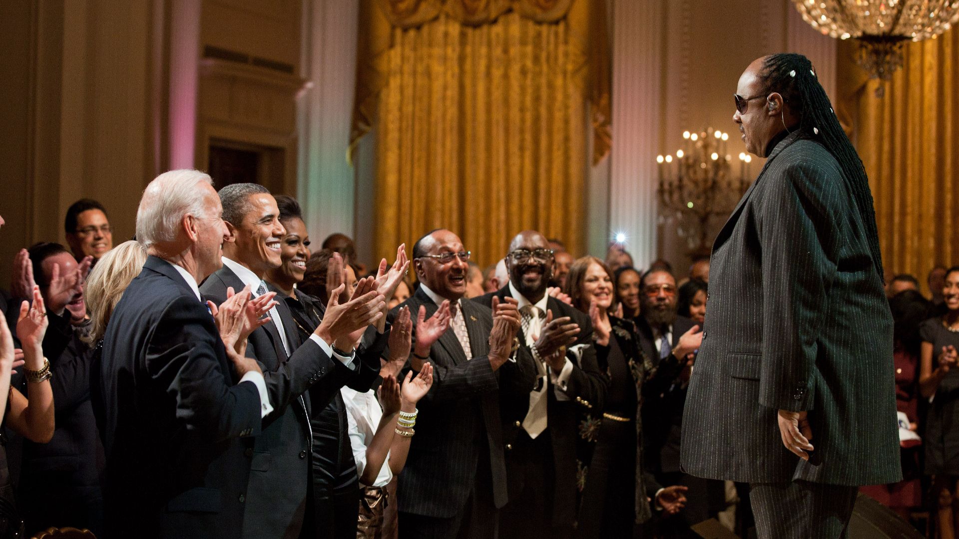 Recording artist Stevie Wonder receives a standing ovation during “The Motown Sound: In Performance at the White House,” a concert celebrating Black History Month and the legacy of Motown Records, in the East Room of the White House, Feb. 24, 2011. (Official White House Photo by Pete Souza)