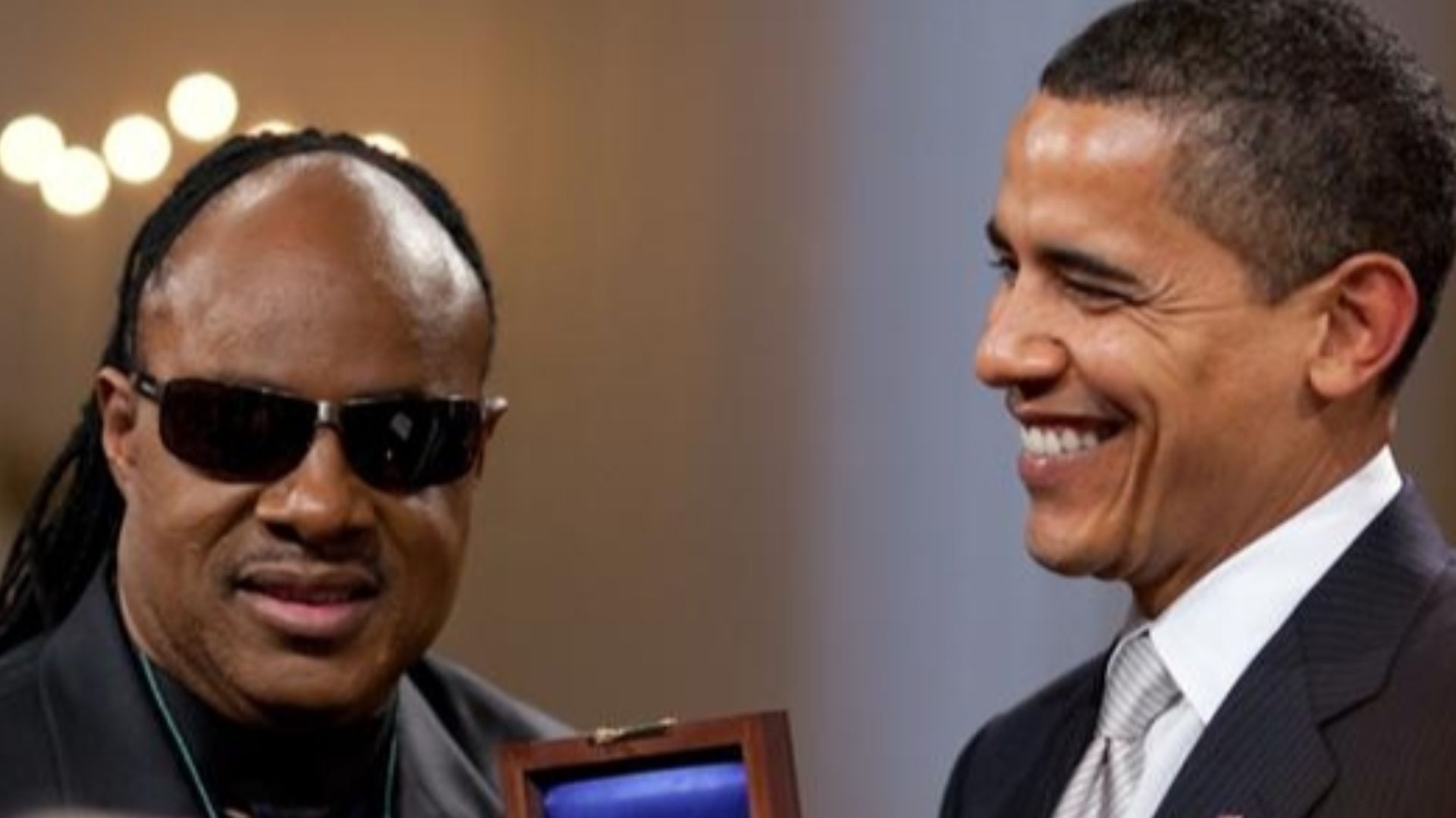President Barack Obama presents Stevie Wonder with the Gershwin Award for Lifetime Achievement in a celebration in the East Room of the White House.