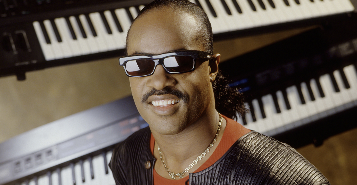 Stevie Wonder in the 1980s, surrounded by keyboards.