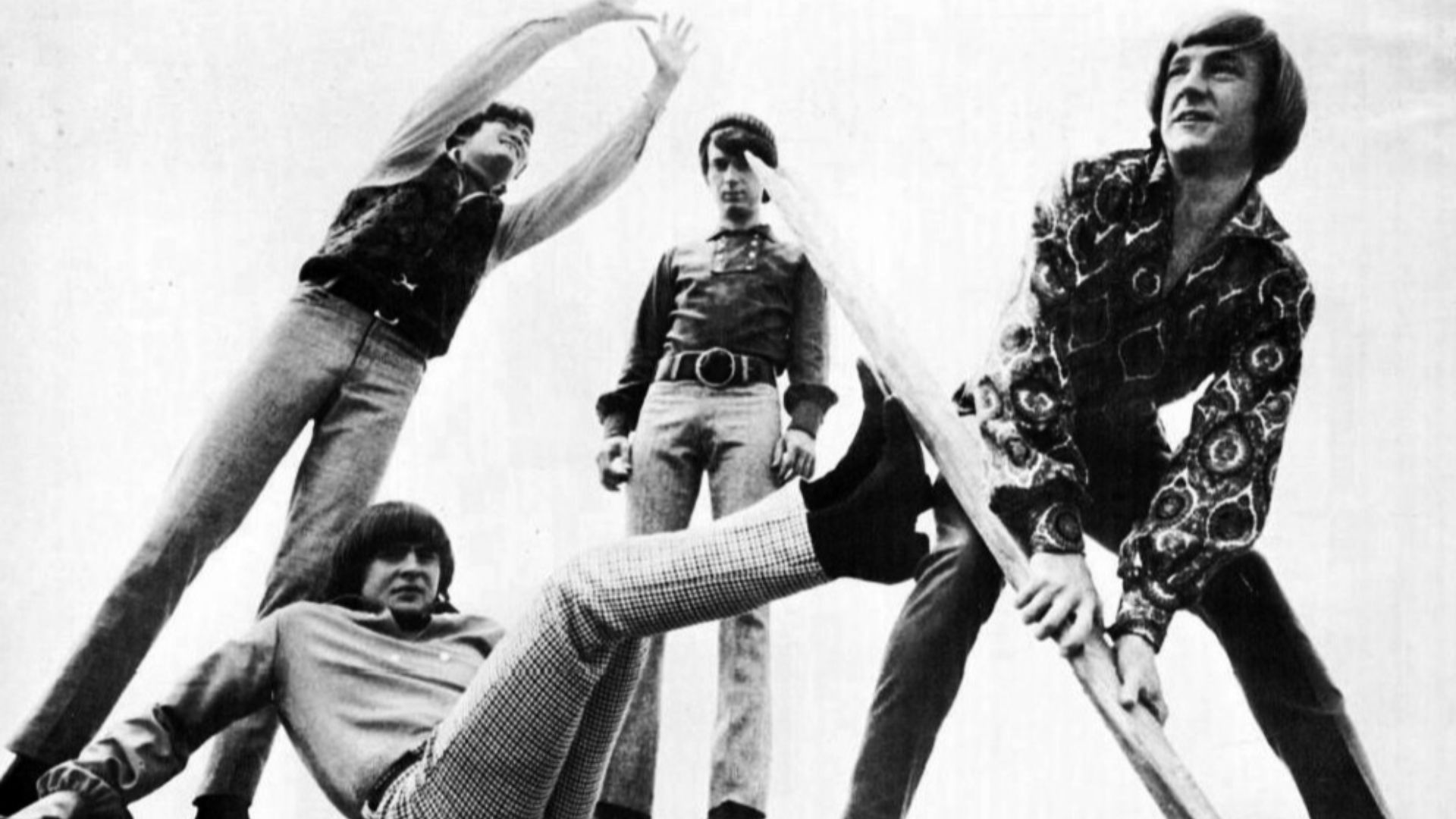 Action photo of the Monkees from a full page ad for their third record album.  From left: Mickey Dolenz, Davy Jones, Mike Nesmith, Peter Tork.