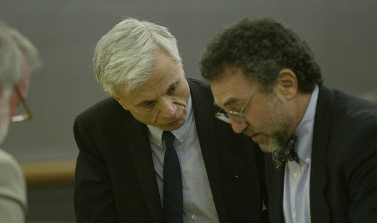 VAN NUYS, CA - September 17: Actor Robert Blake with his attorney Gerald Schwartzbach at Van Nuys Municipal court for a pre-trial hearing in his case on September 17th, 2004 in Van Nuys, California. Blake is charged with the murder of his wife Bonny Lee Bakely.