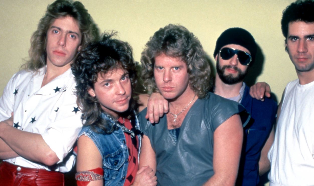  Night Ranger (L-R) Guitarist Jeff Watson, bassist Jack Blades, guitarist Brad Gillis, guitarist Alan Fitzgerald and drummer Kelly Keagy, of the American hard rock band Night Ranger, pose for a group portrait on January 1, 1982 at The Stone in San Francisco, California. 