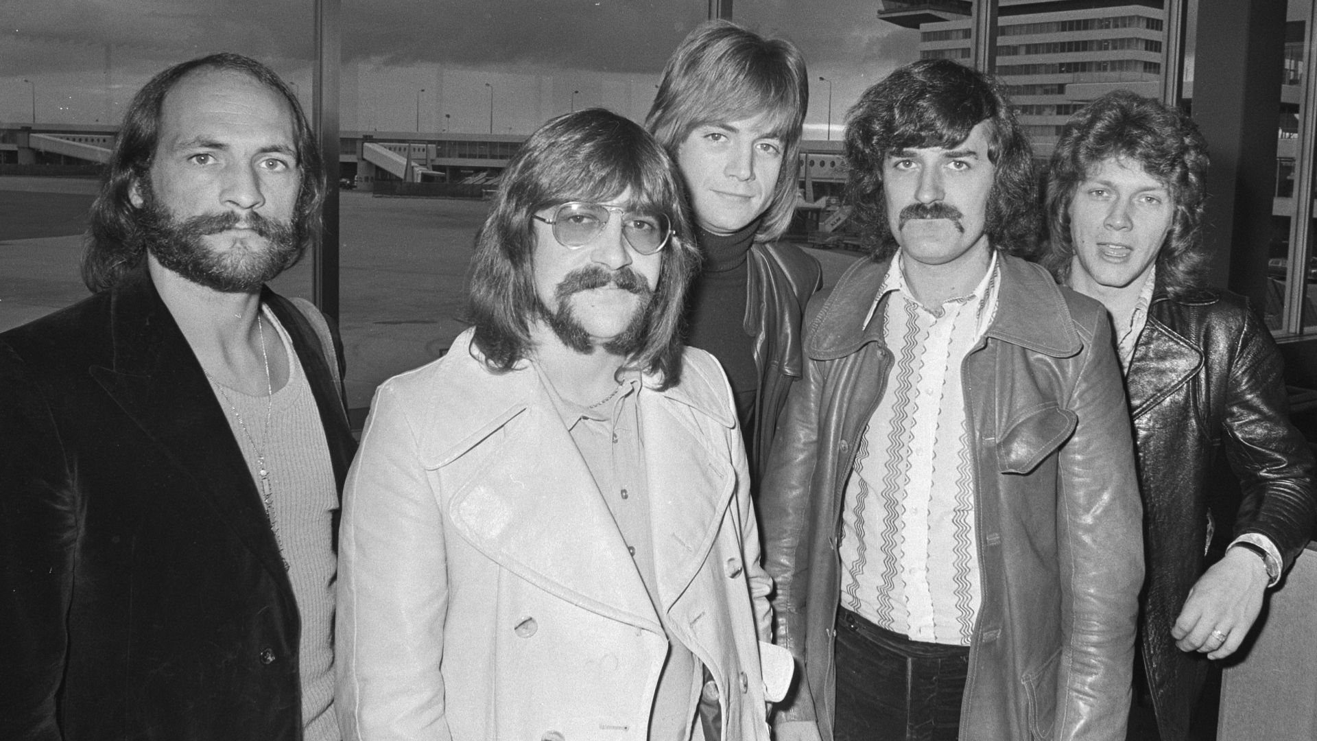 The Moody Blues arrive at Amsterdam Airport Schiphol, The Netherlands in 1970