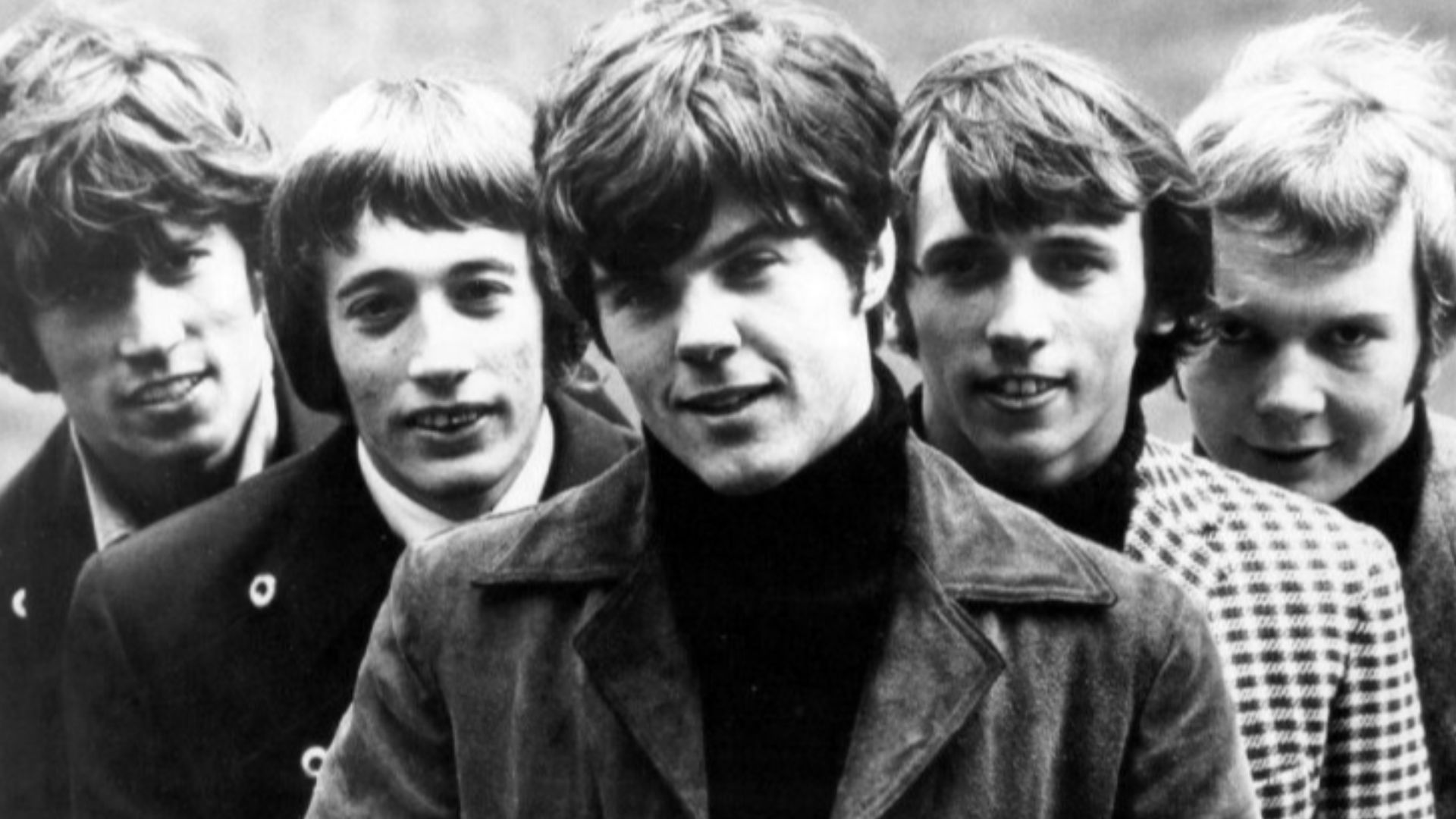 Publicity photo of the Bee Gees. (From left to right: Barry Gibb, Robin Gibb, Vince Melouney, Maurice Gibb, Colin Petersen.)