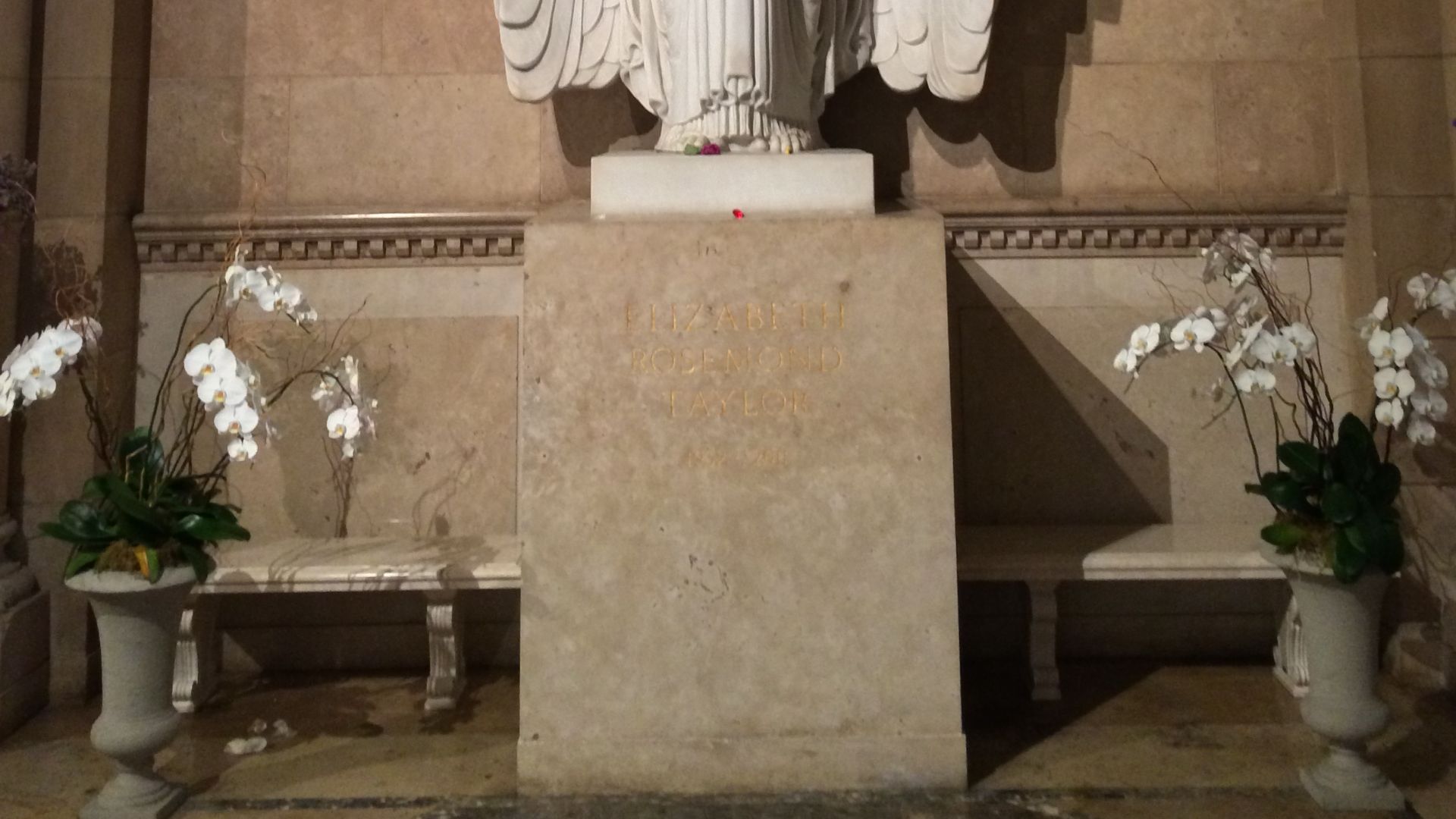 Grave of Elizabeth Taylor, in the Great Mausoleum. Image courtesy of Taph Madison at Hollywood Graveyard
