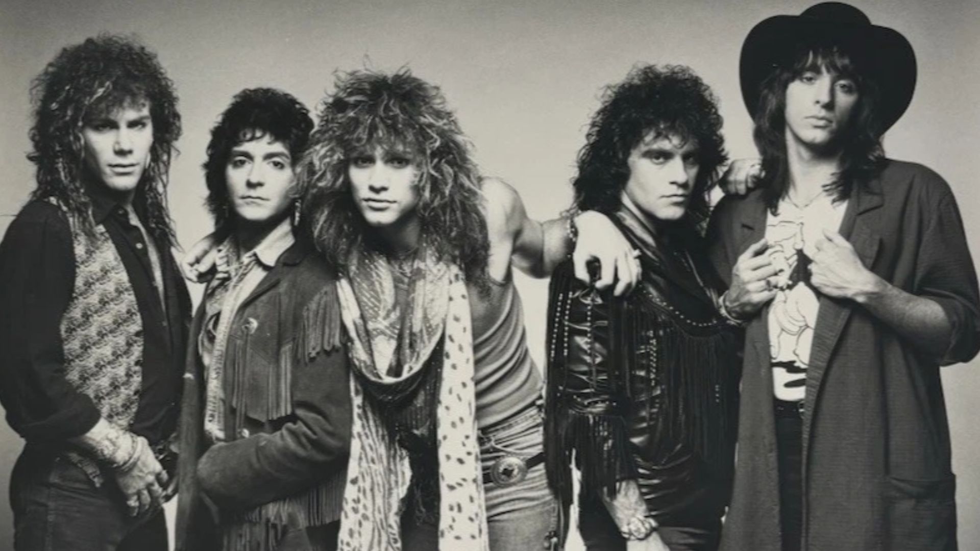 Publicity photo of American rock band Bon Jovi. L-R: David Bryan, Alec John Such, Jon Bon Jovi, Tico Torres, Richie Sambora