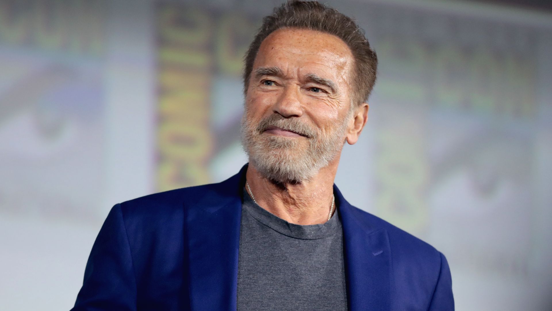 Arnold Schwarzenegger speaking at the 2019 San Diego Comic Con International, for