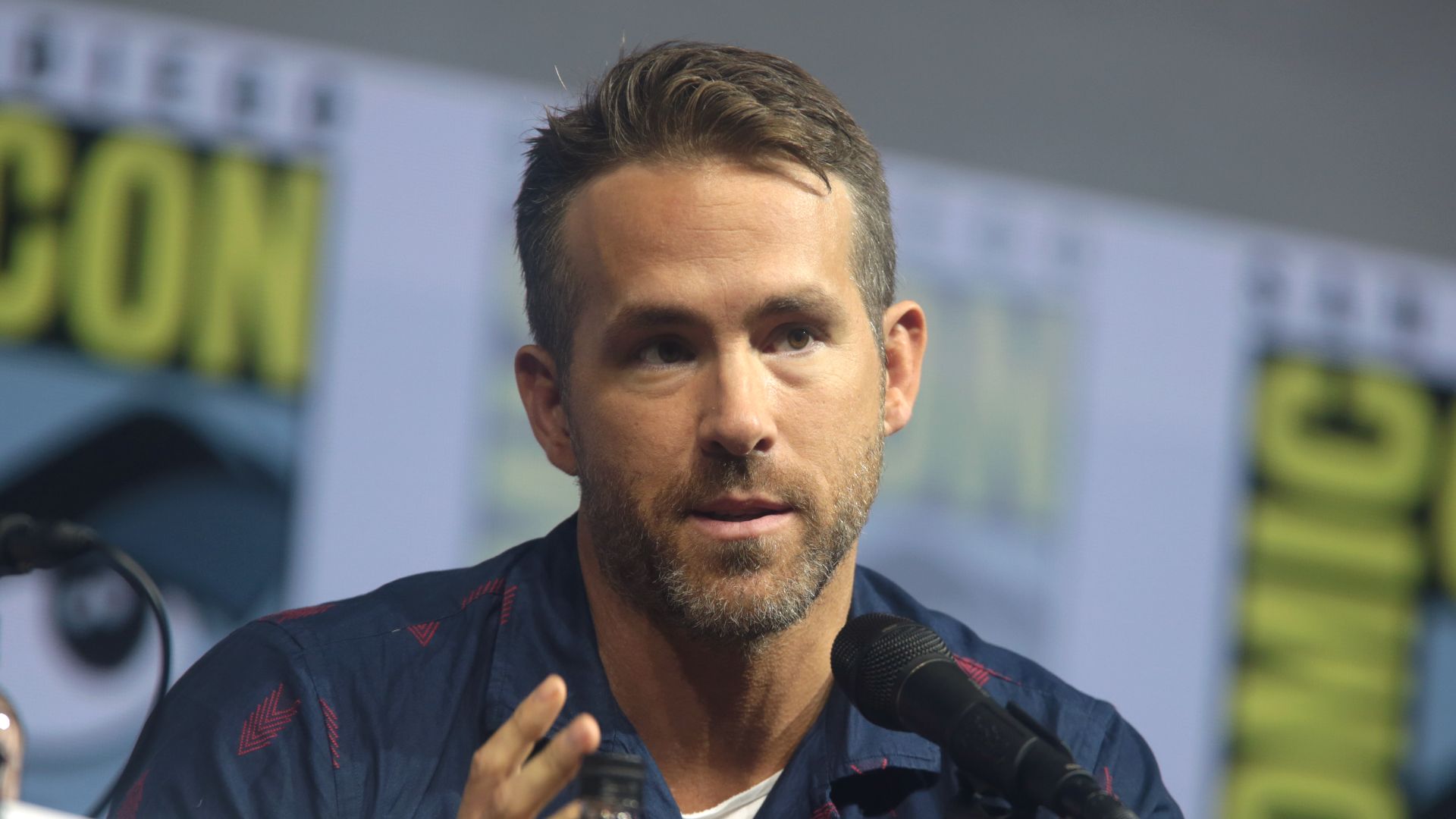 Ryan Reynolds speaking at the 2018 San Diego Comic Con International, for