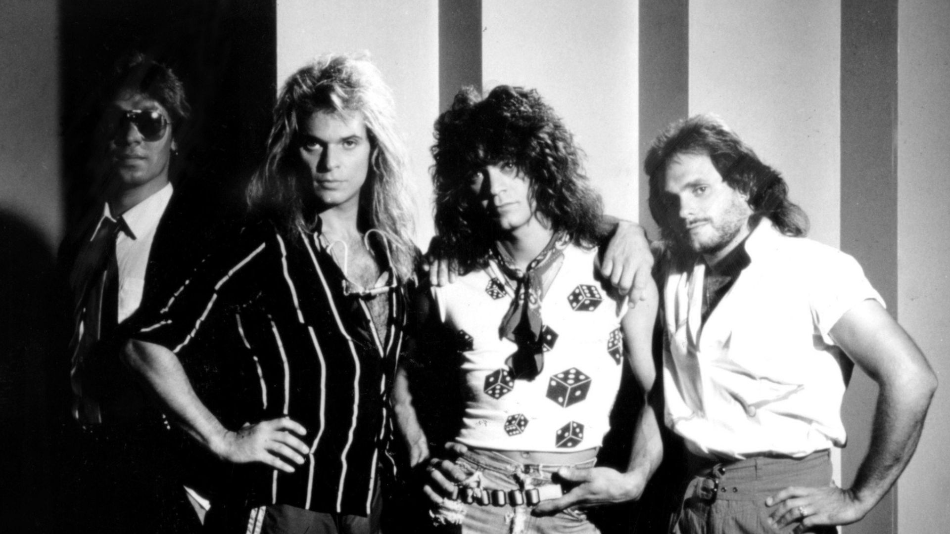 Promotional image of rock band Van Halen taken in 1984. From (l-r); Alex Van Halen, David Lee Roth, Eddie Van Halen, and Michael Anthony