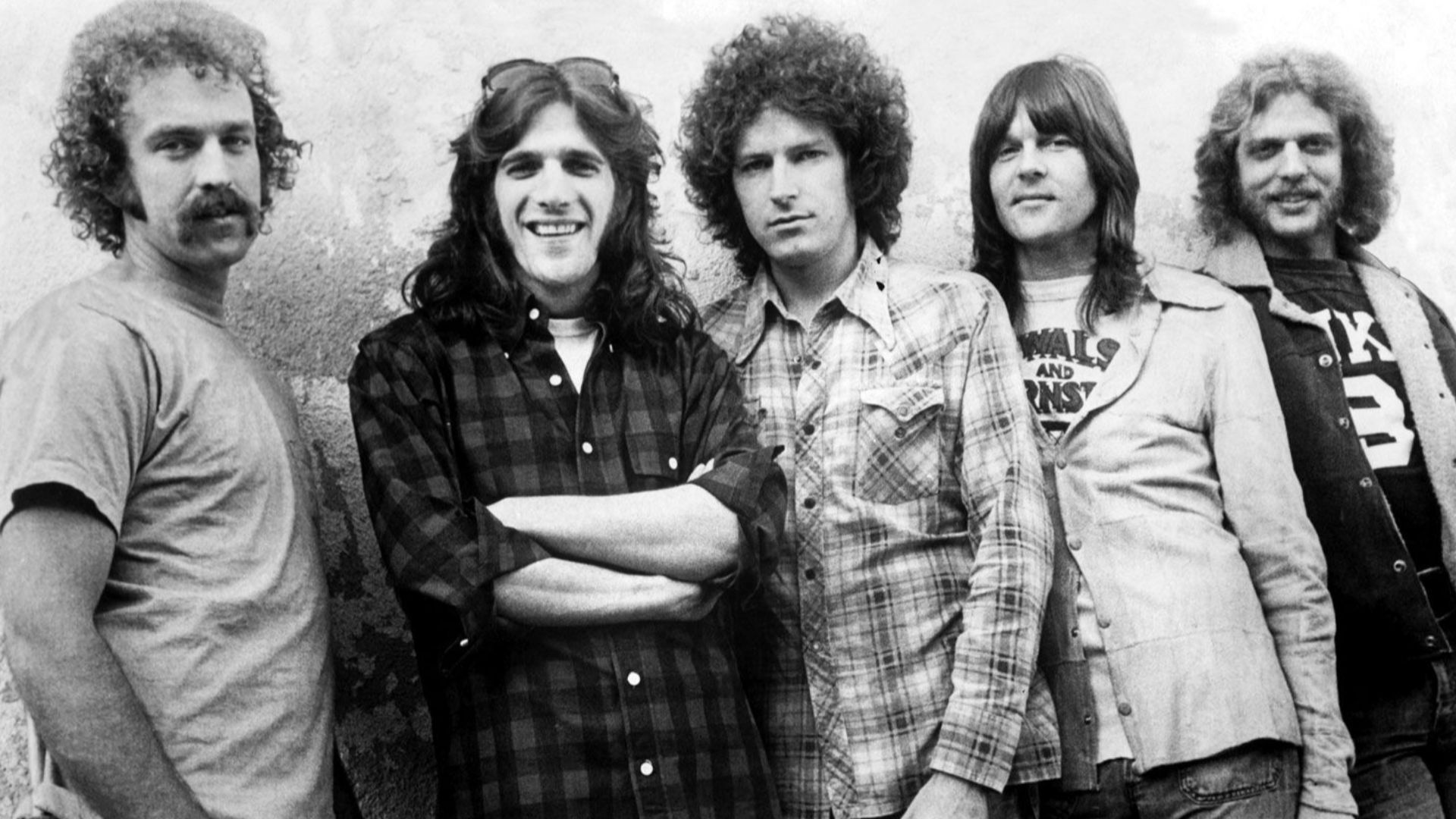 Press photo of the band Eagles by Asylum. Although no date is given, it dates from 1974 to 1975, as those were the only two years the lineup depicted was active. No copyright markings on the photo.