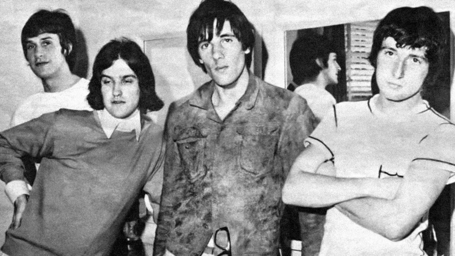 English rock group the Kinks in June 1965. Left to right: Ray Davies, Dave Davies, Mick Avory and Pete Quaife.
This photograph appeared in the July 24, 1965, issue of KRLA Beat magazine. The first line of the story states that the piece's interview took place in the band's Los Angeles hotel room. The third paragraph indicates that the photograph and interview were on 27 June: