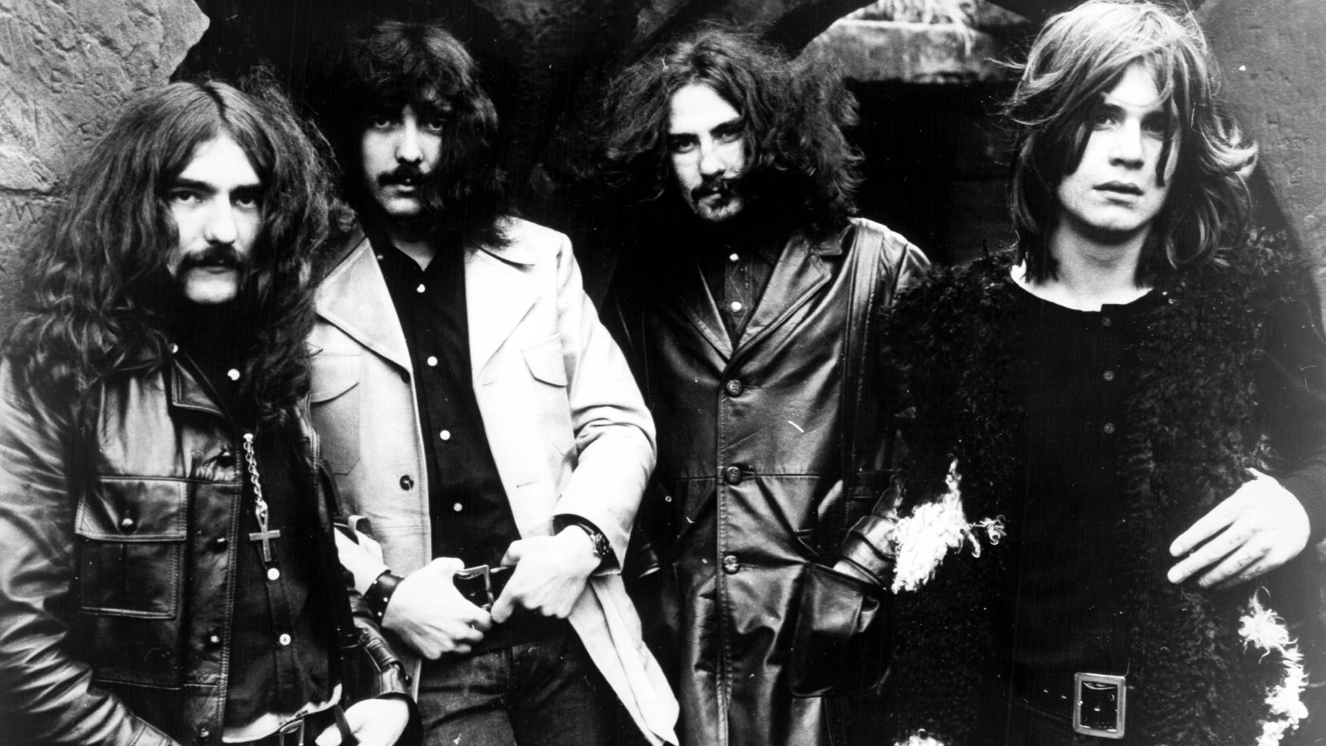 Trade ad for Black Sabbath's album Black Sabbath (1970). From left to right: Geezer Butler, Tony Iommi, Bill Ward, Ozzy Osbourne.