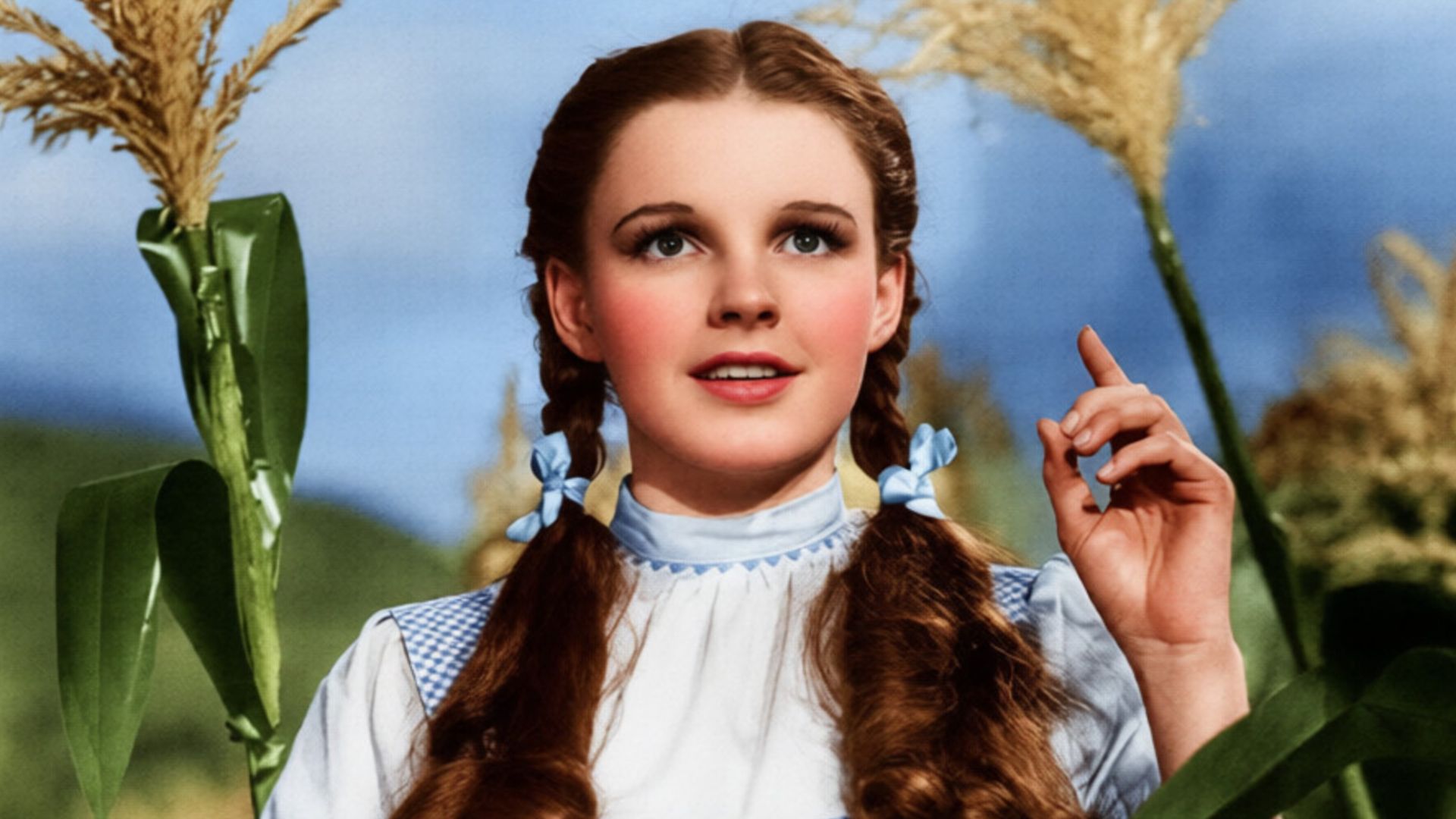 Publicity photo of American entertainer, Judy Garland as Dorothy Gale promoting the Sunday March 20, 1977 CBS television broadcast of the 1939 MGM feature film The Wizard of Oz.
