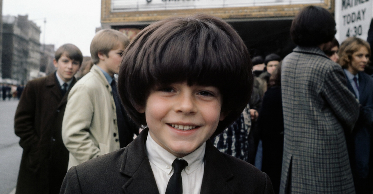 young boy in beatle wig in front of movie theatre