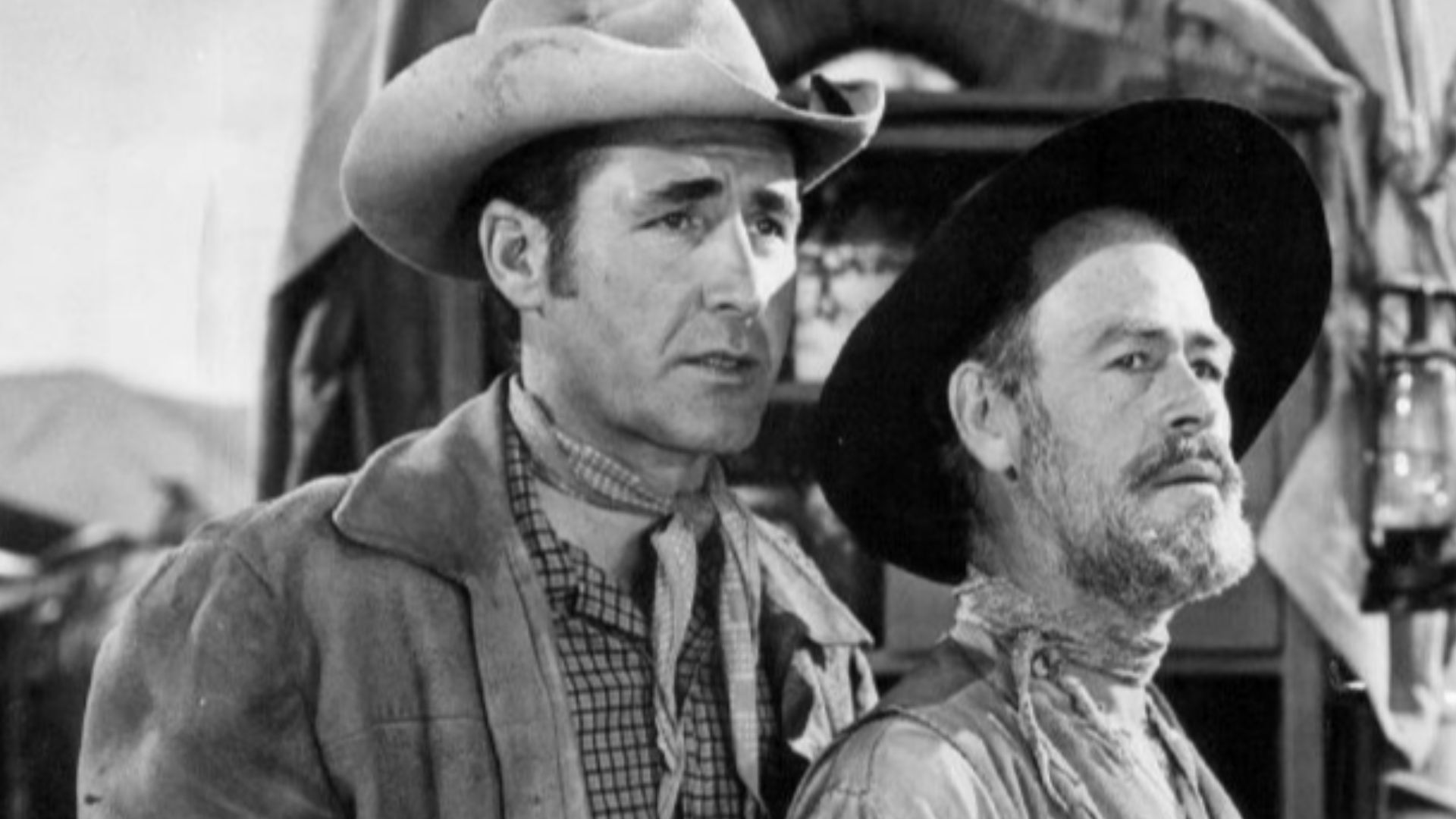 Photo of Sheb Wooley as Pete Nolan and Paul Brinegar as Wishbone from the Western television program Rawhide.  Wooley was also a singer; The Purple People Eater was a big 1950s novelty hit record.
