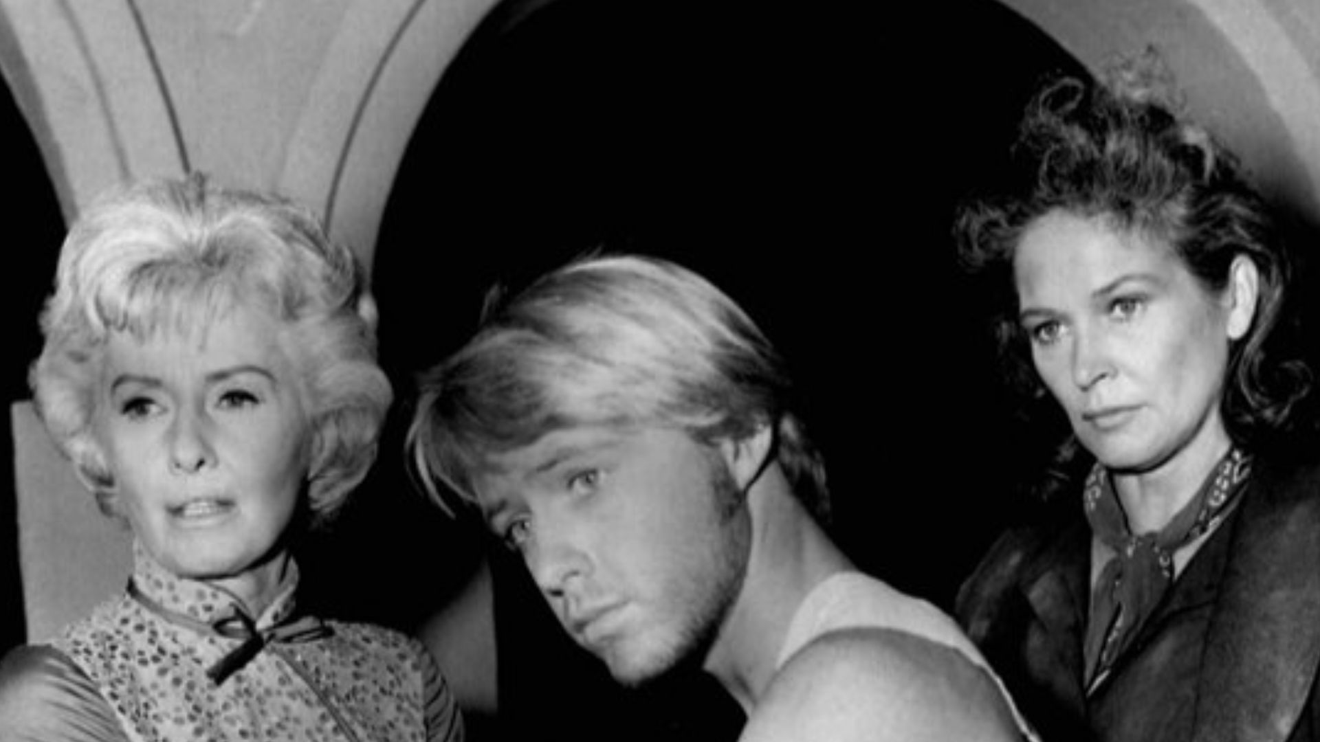 Photo of Barbara Stanwyck (Victoria Barkley) with guest stars Michael Burns and Colleen Dewhurst in the episode