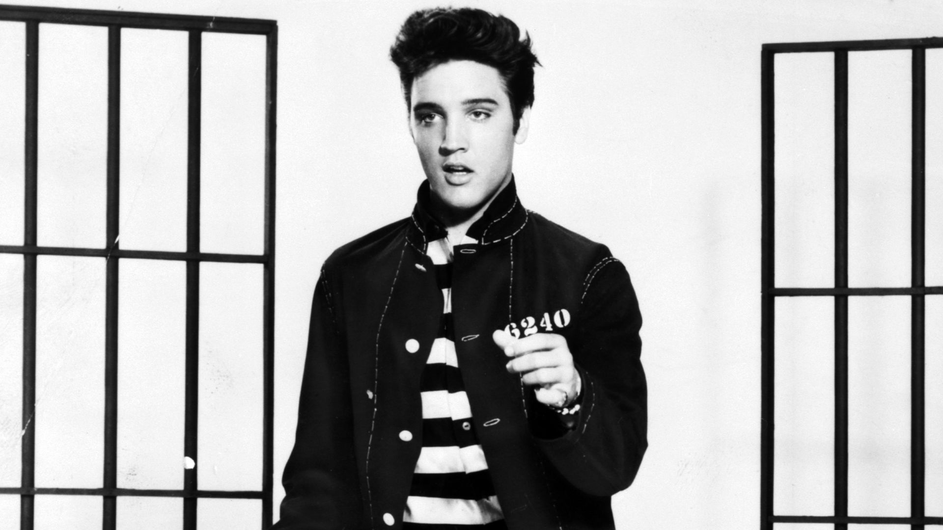 A photograph promoting the film Jailhouse Rock depicts singer Elvis Presley.