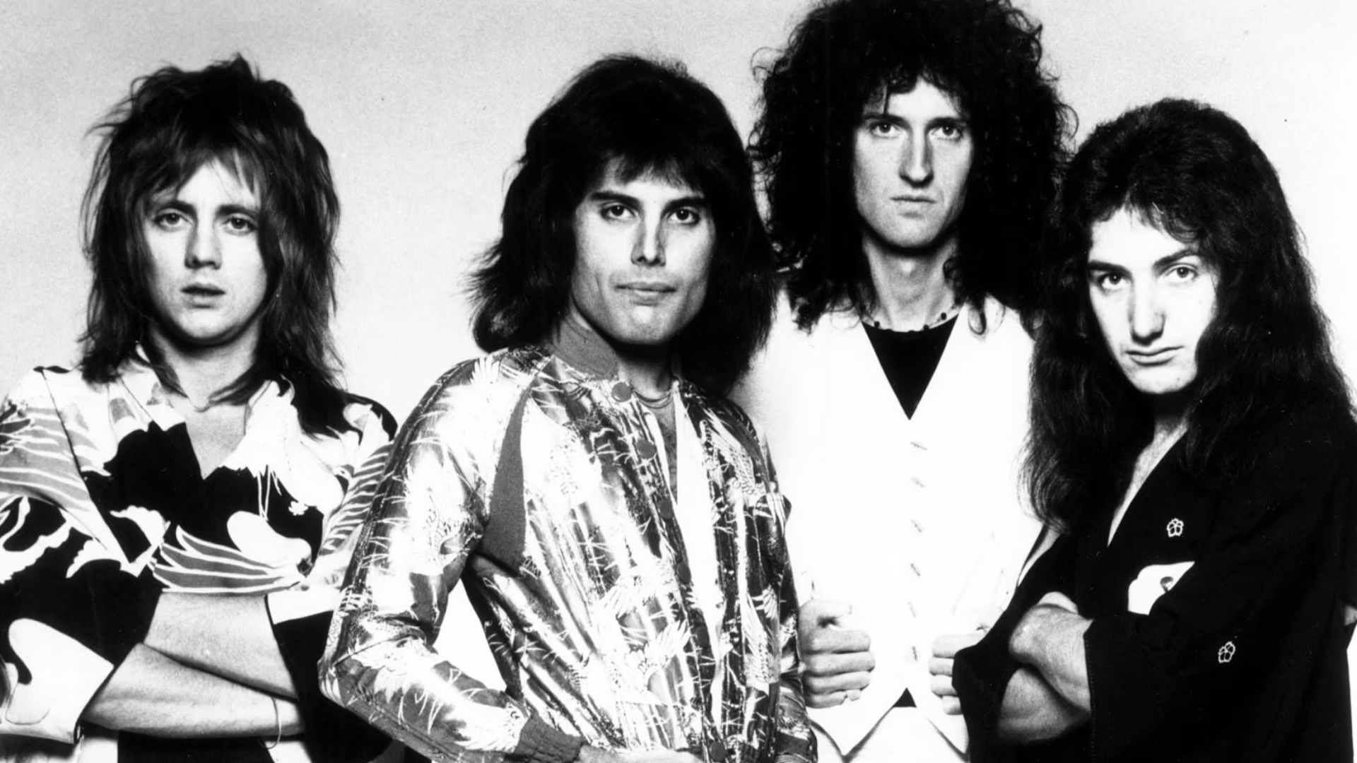 Musical group Queen, in a 1975 promotional photo for their album A Night At The Opera. Photo was published by their American label Elektra Records.
