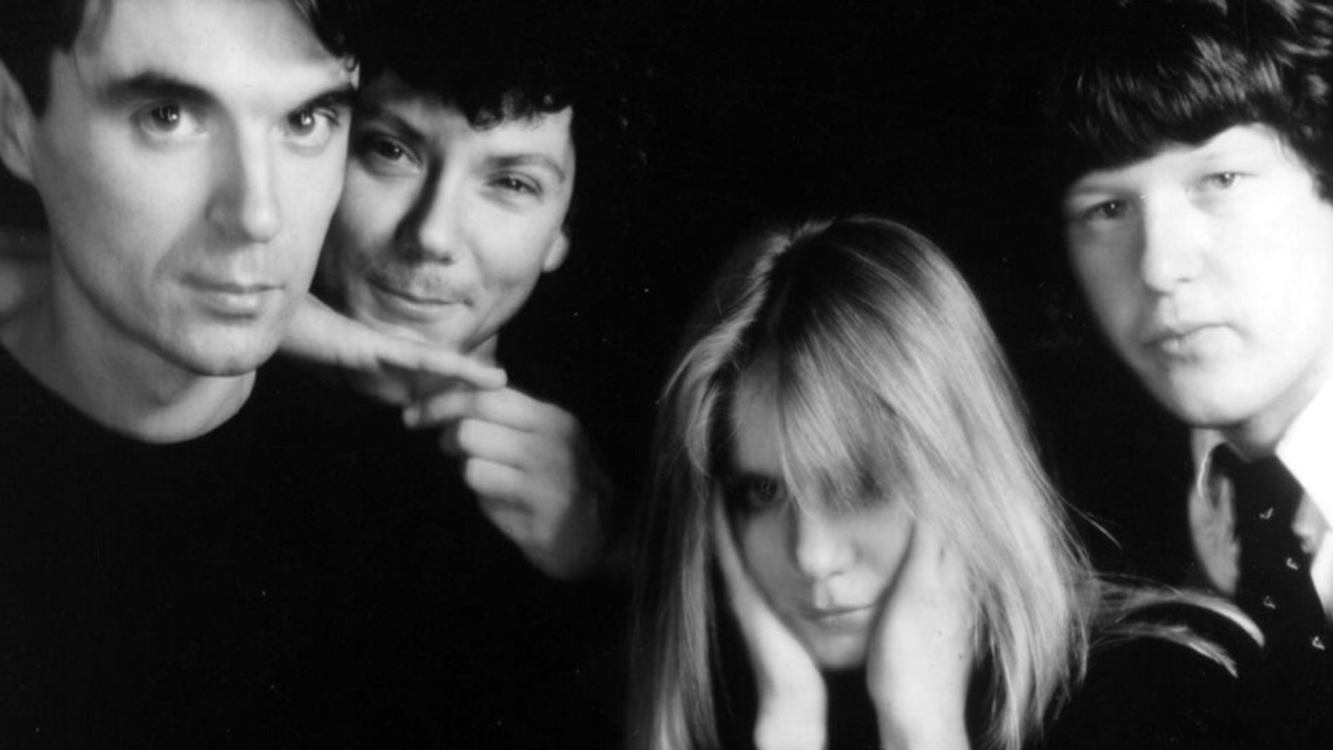Musical group Talking Heads; left to right: David Byrne, Jerry Harrison, Tina Weymouth, Chris Frantz, in a promotional photo for the album Remain In Light.