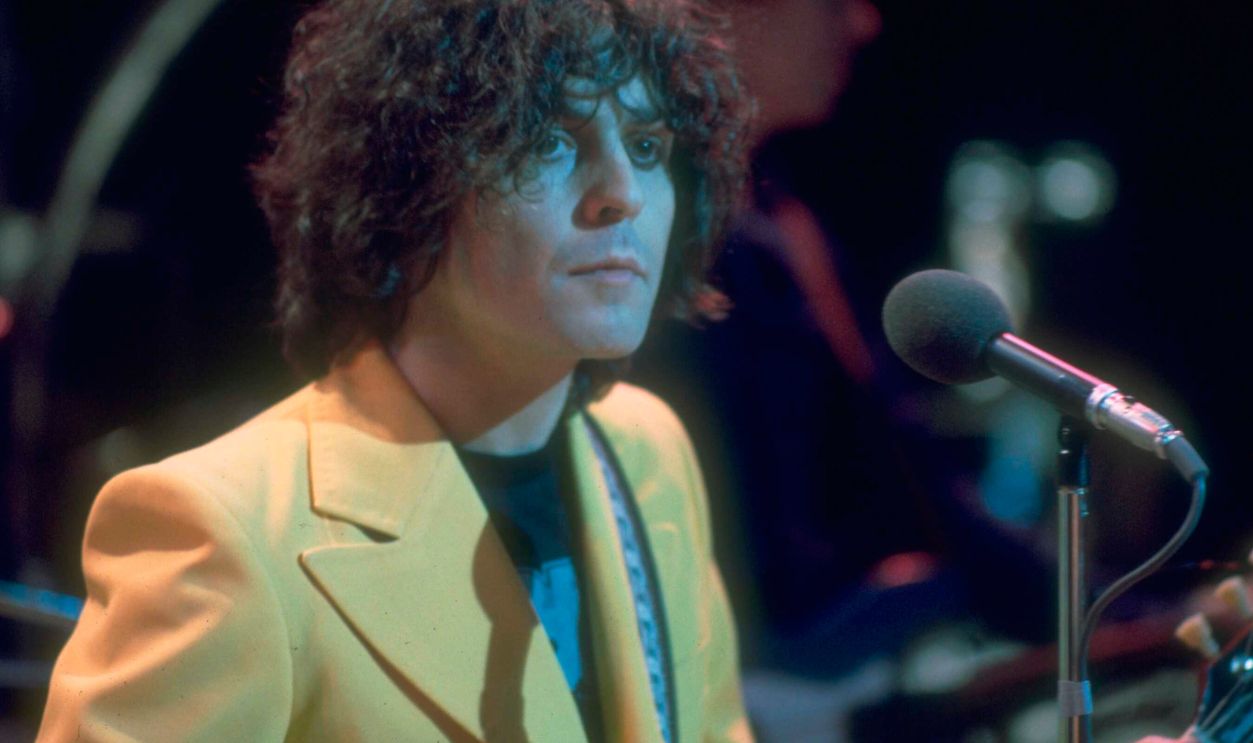 Marc Bolan Frontman Marc Bolan of British glam rock group T.Rex performing on stage in support of the album Dandy In The Underworld, circa 1977. 