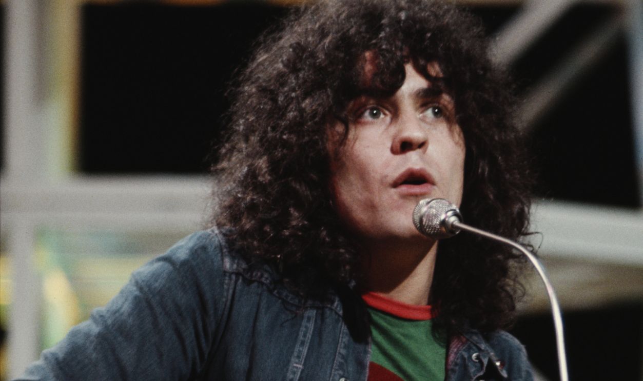 T-Rex On TOTP Marc Bolan (1947-1977) of English glam rock group T-Rex performs with Gibson Les Paul guitar on the BBC television show 'Top of the Pops', London, 4th August 1971.